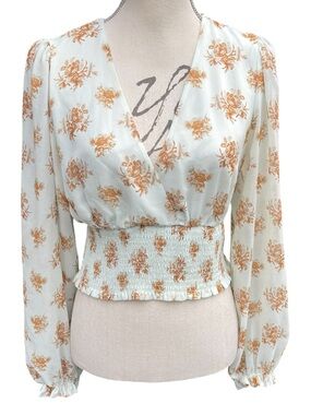Aritzia Wilfred Snowmelt Blue/Maplewood Floral V Neck Smocked Wistful Blouse (M)